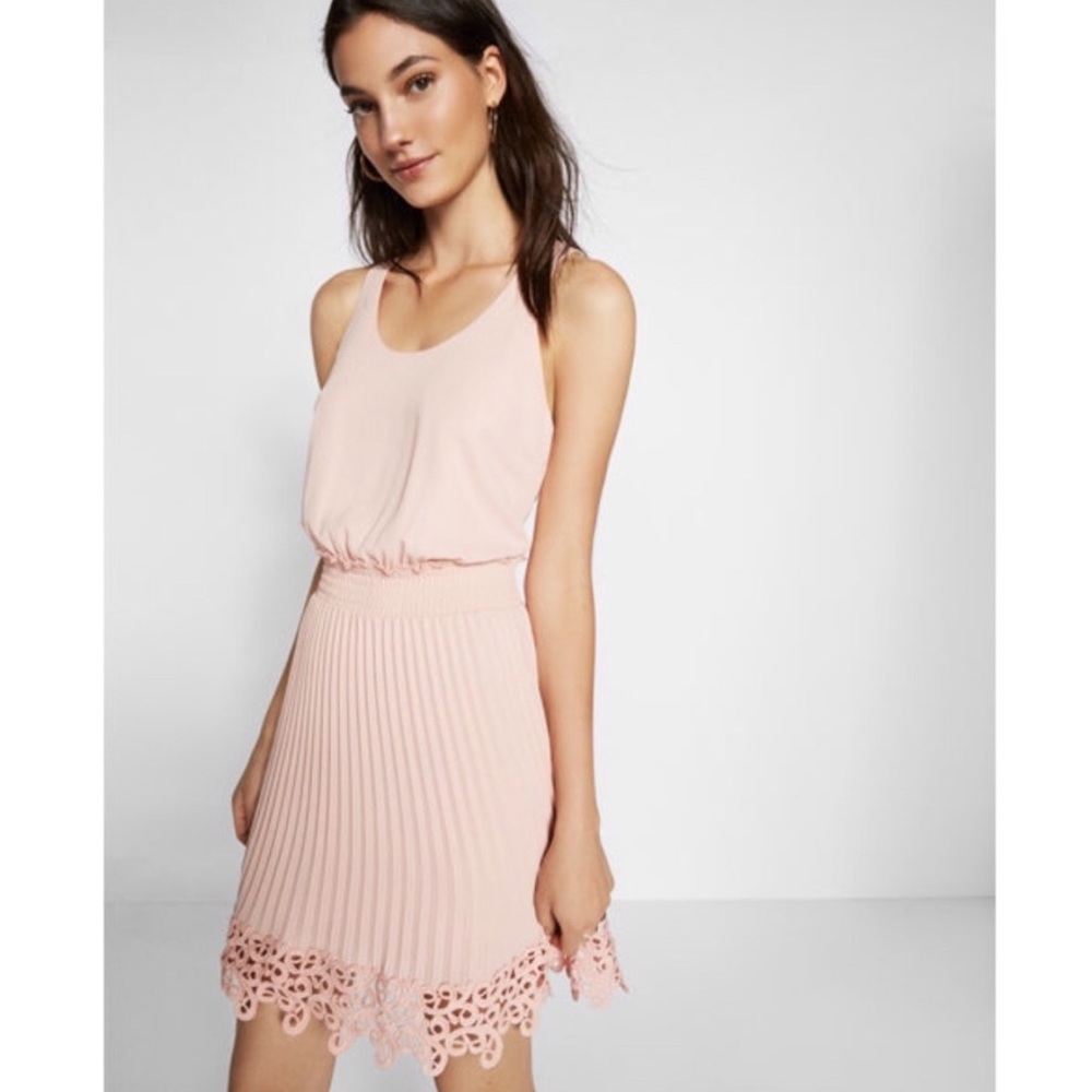 Express Blush Pink Sleeveless Pleated Lace-Hem Dress